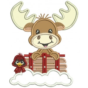 Moose With a Bird And Snow Christmas Applique Machine Embroidery Design Digitized Pattern