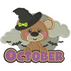 October Bear Wearing Witch Hat Halloween Filled Machine Embroidery Design Digitized Pattern