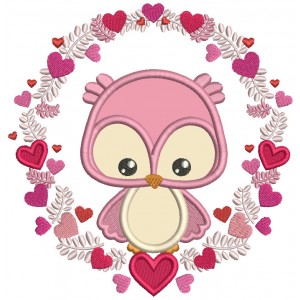 Owl Inside Wreath With Hearts Valentine's Day Applique Machine Embroidery Design Digitized Pattern