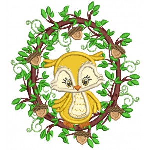 Owl Sitting On a Wreath WIth Acorns Fall Applique Machine Embroidery Design Digitized Pattern