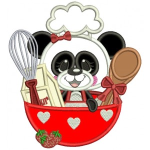 Panda Cook Sitting Inside Kitchen Bowl Applique Machine Embroidery Design Digitized Pattern