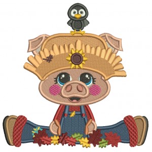 Piggy Farmer Leaves and a Little Bird Filled Machine Embroidery Design Digitized Pattern