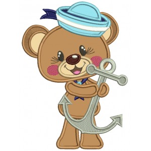 Sailor Baby Bear Holding Boat Anchor Applique Machine Embroidery Design Digitized Pattern