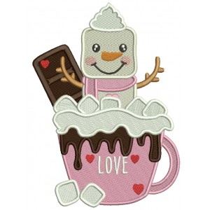 Snowman Inside a Cup With Cocoa Love Valentine's Day Filled Machine Embroidery Design Digitized Pattern