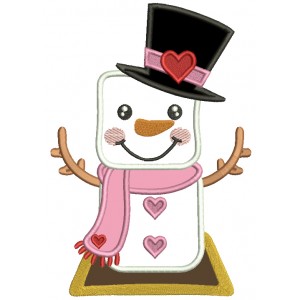 Snowman Wearing a Tall Hat With Heart Valentine's Day Applique Machine Embroidery Design Digitized Pattern