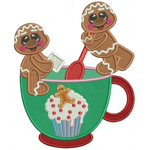 Two Gingerbread Men Mixing Hot Cocoa Christmas Filled Machine Embroidery Design Digitized Pattern