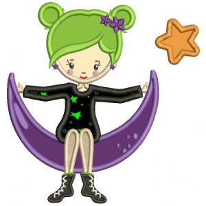Witch Wearing Shirt With Stars Sitting On The Moon Halloween Applique Machine Embroidery Design Digitized Pattern