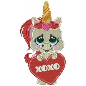 XOXO Unicorn Holding Big Heart Valentine's Day Filled Machine Embroidery Design Digitized Pattern