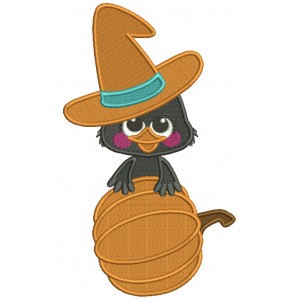 Baby Crow With Big Hat Holding Pumpkin Fall Thanksgiving Filled Machine Embroidery Design Digitized Pattern
