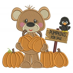 Bear Holding Two Pumpkins And For Sale Sign Thanksgiving Filled Machine Embroidery Design Digitized Pattern