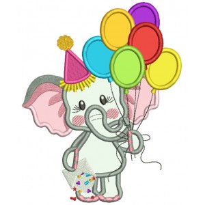 Birthday Elephant Holding Letter and Balloons Applique Machine Embroidery Design Digitized Pattern