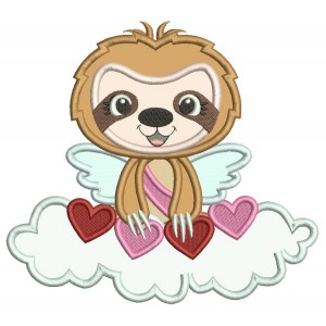 Cute Angel Sloth On The Cloud With Hearts Applique Valentine's Day Machine Embroidery Design Digitized Pattern