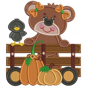 Cute Bear and Crow With Pumpkins Filled Machine Embroidery Design Digitized Pattern