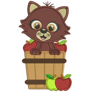Cute Cat Sitting Inside Baskets With Apples Fall Applique Thanksgiving Machine Embroidery Design Digitized Pattern
