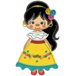 Cute Girl Wearing Fiesta Dress Applique Cinco de Mayo Machine Embroidery Design Digitized Pattern