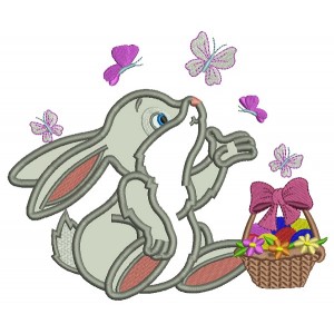 Cute Little Bunny Catching Butterflies Easter Applique Machine Embroidery Design Digitized Pattern