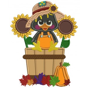 Cute Little Crow Sitting Inside Sitting Inside a Basket With Sunflowers Fall Applique Thanksgiving Machine Embroidery Design Digitized Pattern