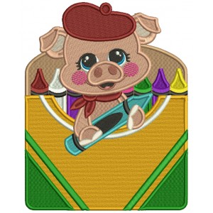 Cute Little Piggy With a Box of Crayons School Filled Machine Embroidery Design Digitized Pattern
