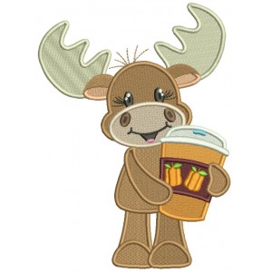 Cute Moose Holding Coffee Cup With Pumpkins Fall Filled Thanksgiving Machine Embroidery Design Digitized Pattern