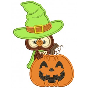 Cute Owl Wearing Wizard Hat Holding Pumpkin Applique Halloween Machine Embroidery Design Digitized Pattern