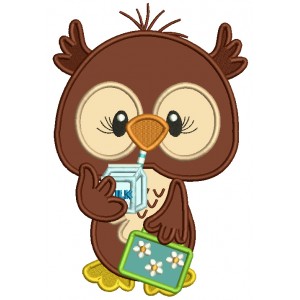 Cute Owl With Milk Carton School Applique Machine Embroidery Design Digitized Pattern