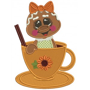 Gingerbread Girl Sitting In the Cup Fall Thanksgiving Filled Machine Embroidery Design Digitized Pattern