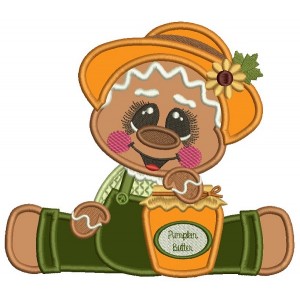 Gingerbread Man Holding a Pumpkin Butter Fall Thanksgiving Applique Machine Embroidery Design Digitized Pattern