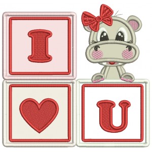 I Love You Building Blocks Little Baby Girl Hippo Valentine's Day Applique Machine Embroidery Design Digitized Pattern
