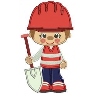 Little Cute Construction Boy Holding a Shovel Applique Machine Embroidery Design Digitized Pattern