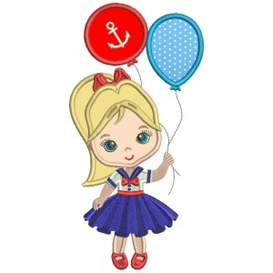 Little Girl Holding Two Balloons Applique Machine Embroidery Design Digitized Pattern