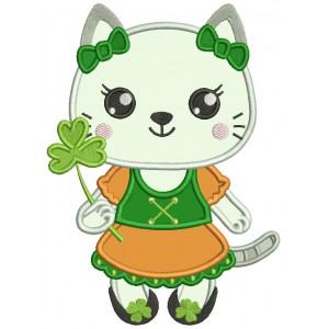 Little Kitten Holding Shamrock St.Patrick's Day Applique Machine Embroidery Design Digitized Pattern