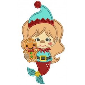 Mermaid Holdinng Gingerbread Man Applique Christmas Machine Embroidery Design Digitized Pattern