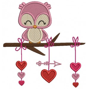 Owl On The Branch With Hearts and Arrow Valentine's Day Filled Machine Embroidery Design Digitized Pattern