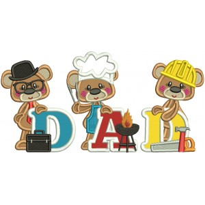 Three Bears Dad Father's Day Applique Machine Embroidery Design Digitized Pattern