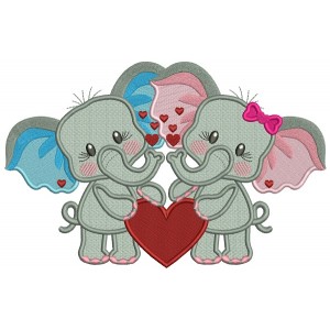 Two Cute Baby Elephants Holding a Hearts Filled Valentine's Day Machine Embroidery Design Digitized Pattern