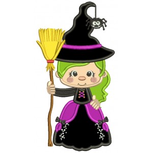Witch Holding a Broom With a Spider On Her Hat Halloween Applique Machine Embroidery Design Digitized Pattern 