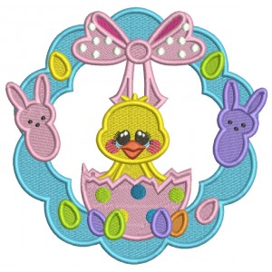 Wreath With Bunnies And a Little Chick Sitting Inside an Easter Egg Filled Machine Embroidery Design Digitized Pattern