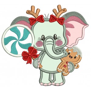 Baby Elephant With Gingerbread Man Christmas Applique Machine Embroidery Design Digitized Pattern