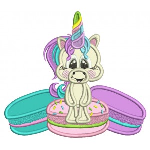 Baby Unicorn Sitting On a Macaron Applique Machine Embroidery Design Digitized Pattern