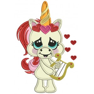 Baby Unicorn With a Harp Valentine's Day Applique Machine Embroidery Design Digitized Pattern