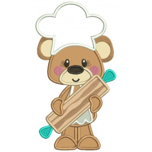 Bear Cook Holding a Rolling Pin Applique Machine Embroidery Design Digitized Pattern