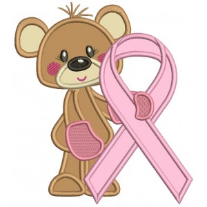Bear Holding Breast Cancer Awareness Ribbon Applique Machine Embroidery Design Digitized Pattern