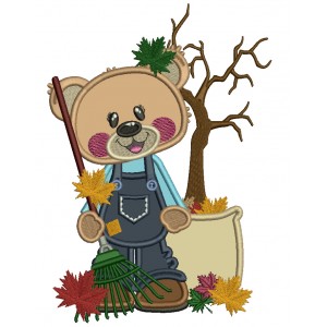 Bear Holding a Rake Gathering Fall Leaves Thanksgiving Applique Machine Embroidery Design Digitized Pattern
