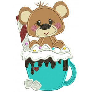 Bear Sitting Inside a Cup With Chocolate And Marshmallow Christmas Applique Machine Embroidery Design Digitized Pattern