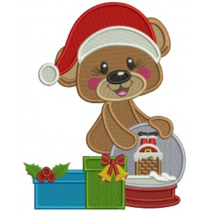 Bear Wearing Christmas Hat With a Globe Filled Machine Embroidery Design Digitized Pattern