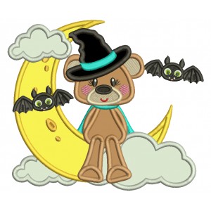 Bear Wearing Witch Hat SItting On The Moon Halloween Applique Machine Embroidery Design Digitized Pattern