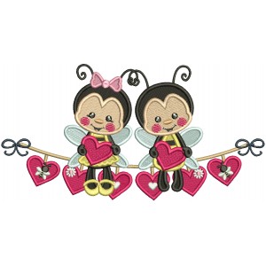 Boy And Girl Bees Holding Hearts Valentine's Day Filled Machine Embroidery Design Digitized Pattern