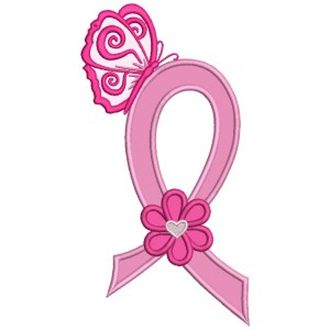 Breast Cancer Awareness Ribbon With Butterfly and Flower Applique Machine Embroidery Design Digitized Pattern