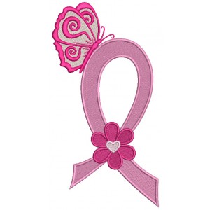 Breast Cancer Awareness Ribbon With Butterfly and Flower Filled Machine Embroidery Design Digitized Pattern