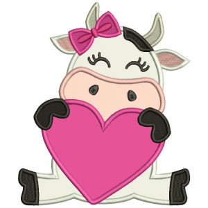 Cute Baby Cow Holding Big Heart Valentine's Day Applique Machine Embroidery Design Digitized Pattern